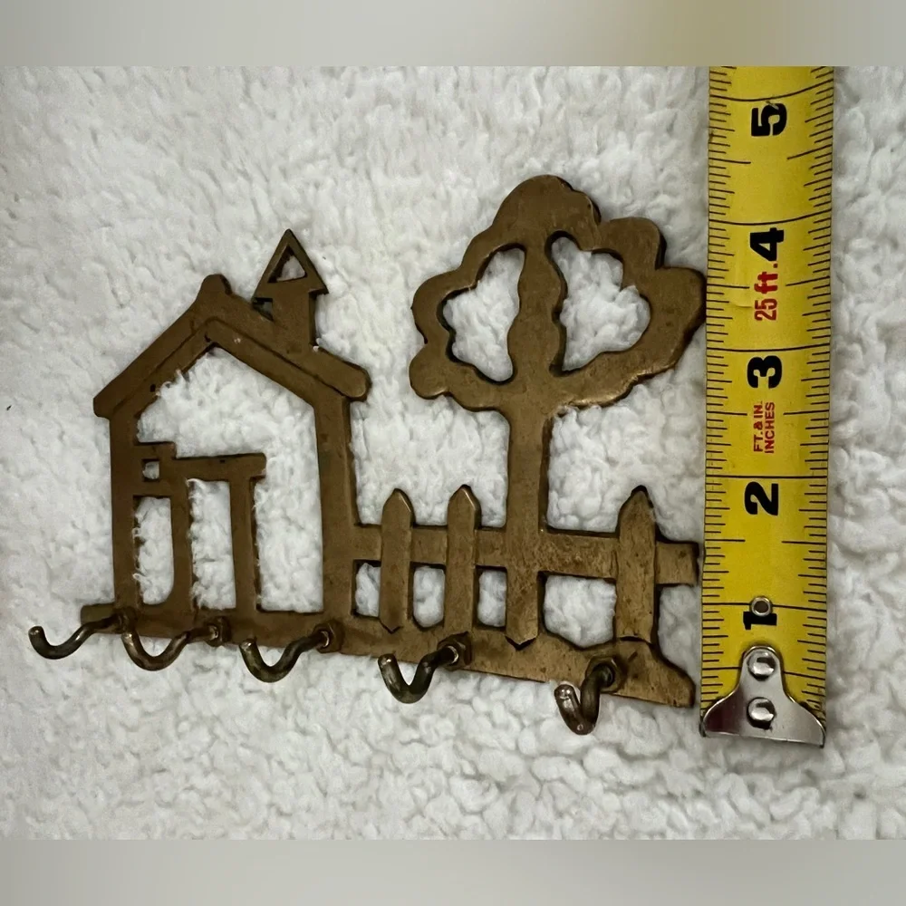 Vintage Solid Brass 5- Hook Key Holder House and Tree Wall Mount